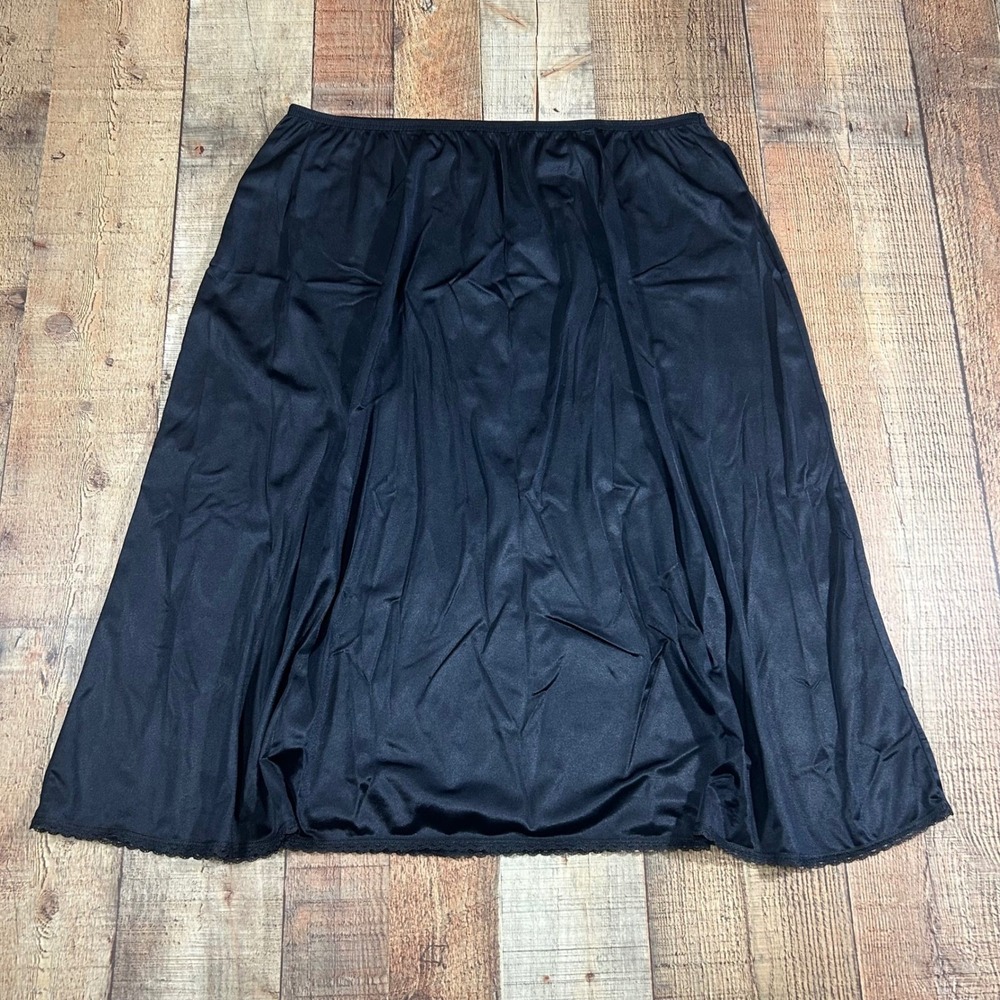 Vanity Fair 2XL Black Nylon Half Slip Lace Trim Elastic Waist Underskirt